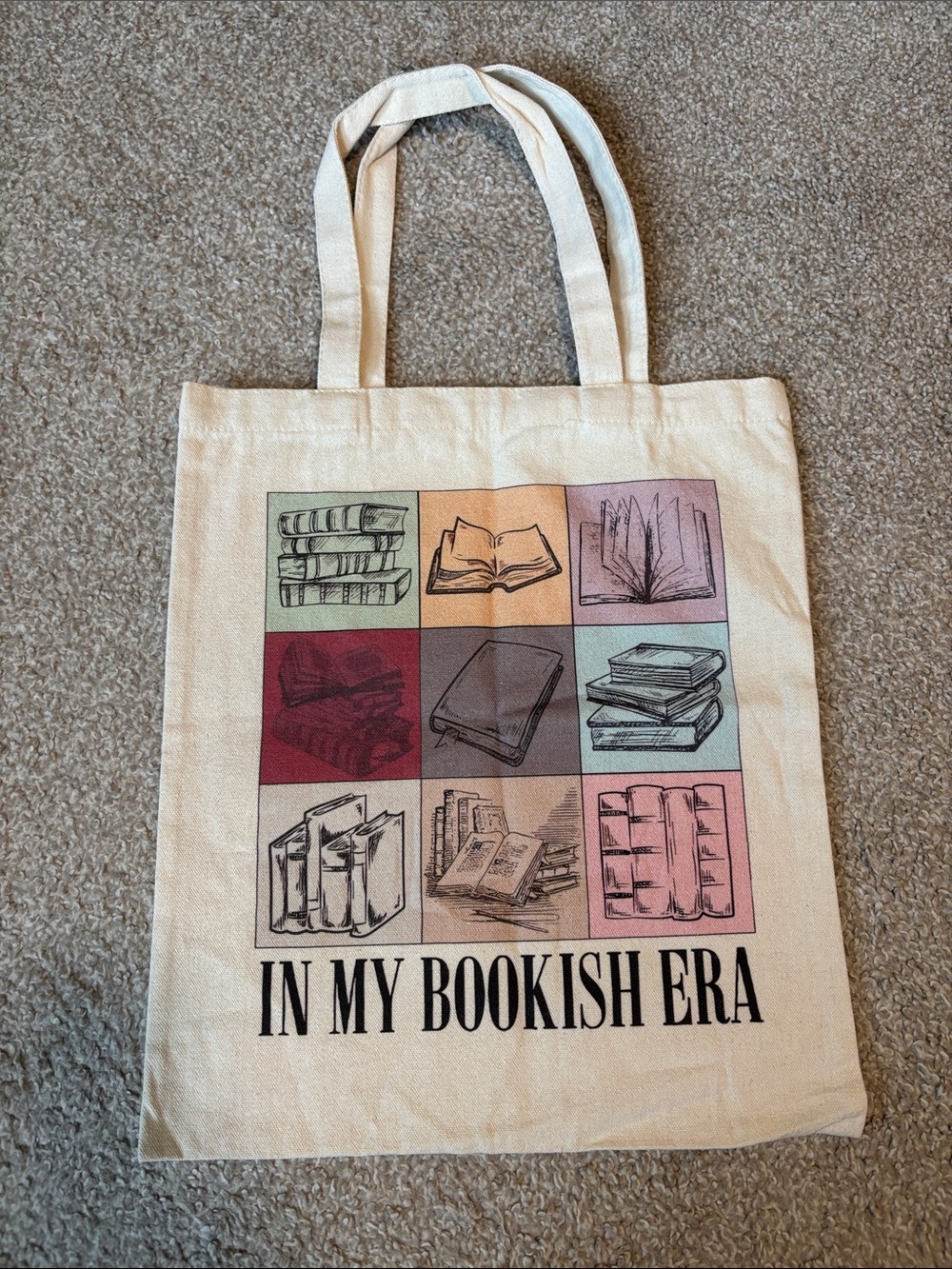 In My Bookish Era Canvas Tote Bag - Neutral with Multicolor Book Graphics